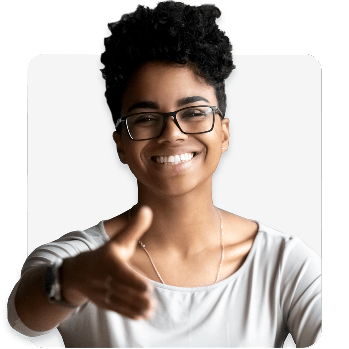 happy african american young woman in glasses stretch hand for handshake greeting